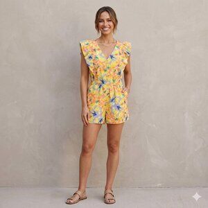 Jessica Simpson Camille Floral Tie Back Romper | Flutter Sleeves  Pockets | Sz M